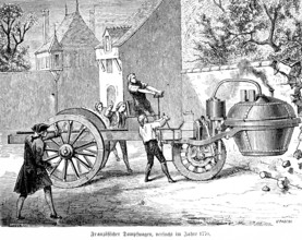 French steam carriage in 1770, first experiments, Paris, workers, steam boiler, three wooden