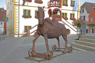 Horse figure from the Clemens company 2008, artwork, rusty steel sculpture, frame, wheels, forging,