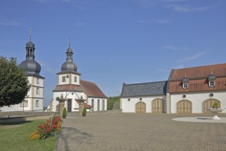 Inner courtyard of the baroque castle, castle church, Sulzdorf an der Lederhecke, Lower Franconia,