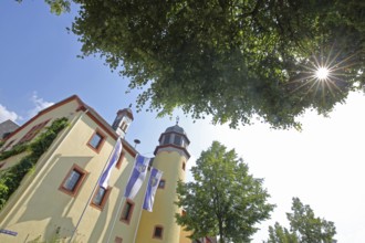 Town hall built in the 16th century with town flag and backlight, view upwards, perspective,