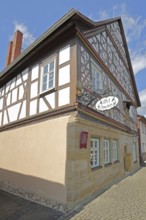 Historic Happach house, half-timbered house with decorations, gable, nose shield, Heldburg,