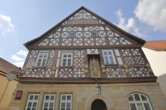Historic Happach house, half-timbered house with decorations, gable, nose shield, Heldburg,