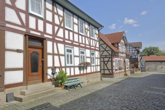 Half-timbered houses, Badergasse, ox wall tower, Heldburg, Thuringia, Germany