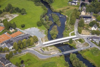 Aerial view, temporary bridge and construction site with new construction of the Dinscheder