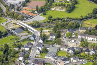Aerial view, temporary bridge and construction site with new construction of the Dinscheder