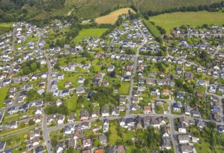 Aerial view, single-family houses in the residential area of Glösingen, Arnsberg, Ruhr area, North