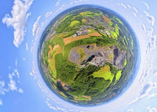 Aerial photo, Ebel quarry, Habbeler Bach Müschede, earth globe, fisheye image, 360 degree image,