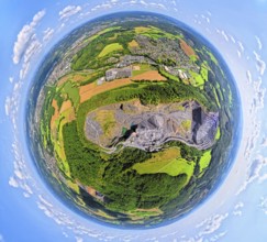 Aerial photo, Ebel quarry, Habbeler Bach Müschede, earth globe, fisheye image, 360 degree image,