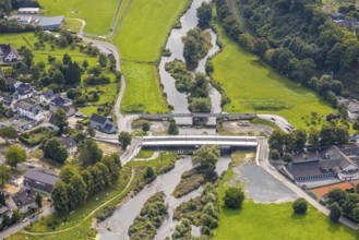 Aerial view, temporary bridge and construction site with new construction of the Dinscheder