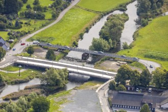 Aerial view, temporary bridge and construction site with new construction of the Dinscheder