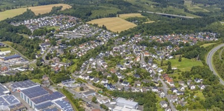 Aerial view, residential area, local view of Niedereimer in the forest area, motorway bridge of the