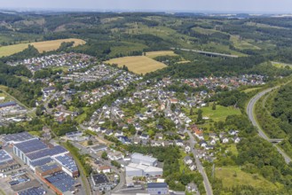 Aerial view, residential area, local view of Niedereimer in the forest area, motorway bridge of the