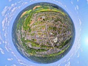 Aerial view, city centre view with town hall district government Arnsberg, earth globe, fisheye