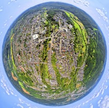 Aerial view, city centre view with town hall district government Arnsberg, earth globe, fisheye