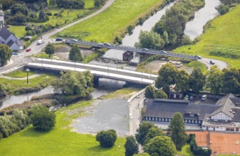Aerial view, temporary bridge and construction site with new construction of the Dinscheder