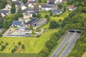 Aerial view, residential area, view of Uentrop district with tunnel and green bridge over the A46