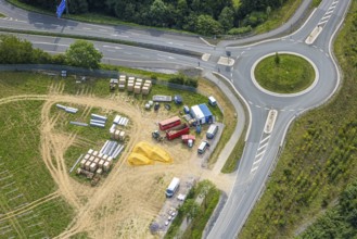 Aerial view, construction site next to the roundabout Casparistraße, Uentrop, Arnsberg, Ruhr area,