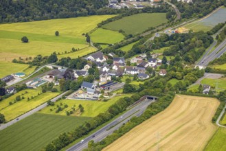 Aerial view, residential area, view of Uentrop district with tunnel and green bridge over the A46