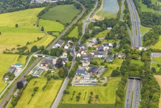 Aerial view, residential area, view of Uentrop district with tunnel and green bridge over the A46