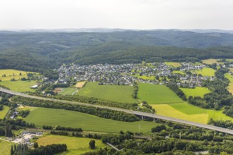 Aerial photo, residential area, view of Rumbeck district in Arnsberg Forest with distant view,