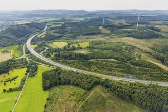 Aerial view, forest area with forest damage and wind turbines, motorway A46 with Freienohl
