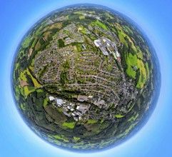 Aerial photo, residential area, local view, Niedereimer district, earth globe, fisheye shot, 360
