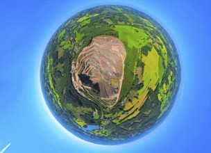 Aerial view, Ebel quarry, Effenberg plant surrounded by meadows and fields, globe, fisheye image,