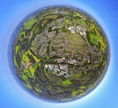 Aerial photo, residential area, local view, Niedereimer district, earth globe, fisheye shot, 360