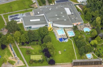 Aerial view, NASS leisure pool, outdoor and indoor pool, Hüsten, Arnsberg, Ruhr area, North