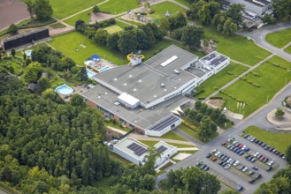 Aerial view, Freizeitbad Naß Arnsberg adventure pool, indoor and outdoor pool, left the graduation