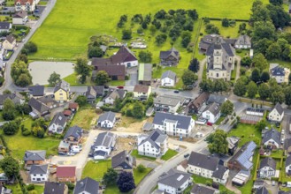 Aerial view, construction site with new residential area Nagelskamp and church St. Maria Magdalena,