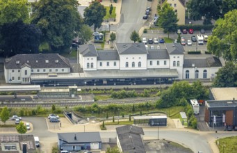 Aerial view, Arnsberg station, platform and station forecourt, Obereimer, Arnsberg, Ruhr area,