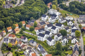 Aerial view, new housing estate Müggenberg with construction site, Neheim, Arnsberg, Ruhr area,