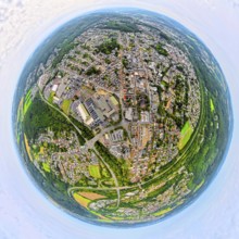 Aerial view, residential area city centre view Neheim City East, earth globe, fisheye image, 360