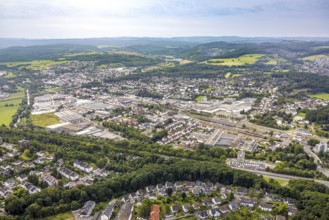 Aerial view, residential area, local view Hüsten with railway station and new town hall below,