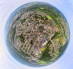 Aerial view, residential area, Neheim city centre, earth globe, fisheye image, 360 degree image,