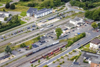 Aerial view, Neheim-Hüsten station, station and marshalling yard, Hüsten, Arnsberg, Ruhr area,