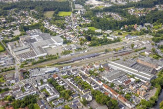 Aerial view, Hüsten railway station and Trilux GmbH factory lighting manufacturer, Hüsten,