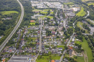 Aerial view, residential area Breddestraße in Hüsten with motorway A46, river Ruhr, above stadium