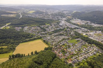 Aerial view, residential area, local view of Niedereimer district with wooded area and distant