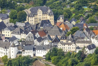 Aerial view, old town and half-timbered houses with administrative court building, Arnsberg, Ruhr