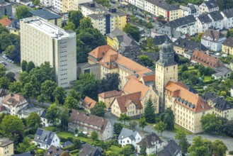 Aerial view, district government Arnsberg, new government Arnsberg and high-rise building,