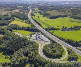 Aerial view, motorway A45 and junction Drolshagen with state road L708, with tankpool24 petrol
