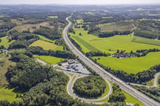 Aerial view, motorway A45 and junction Drolshagen with state road L708, with tankpool24 petrol