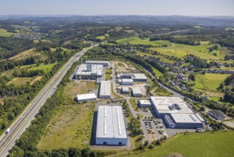 Aerial view, industrial area Buchholz at the motorway A45 and state road L708, hilly landscape,