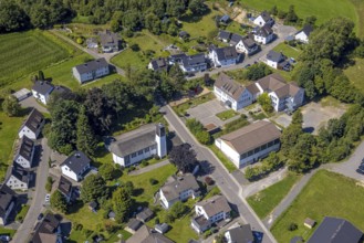 Aerial view, Church of the Nativity of Mary and Hützemert Primary School, Hützemert, Drolshagen,