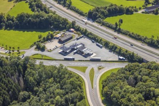 Aerial view, motorway A45 and junction Drolshagen with state road L708, with tankpool24 petrol