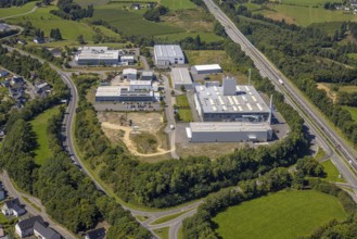Aerial view, industrial area Buchholz at the motorway A45 and state road L708, hilly landscape,