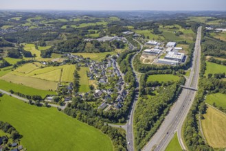 Aerial view, industrial area Buchholz at the motorway A45 and state road L708, hilly landscape,