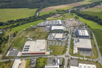Aerial view, commercial area at Echthauser Straße and construction site with new building,